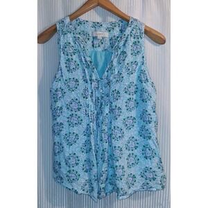 LOFT Women's Blue Floral Print Sleeveless V Neck Button Front Top Size M